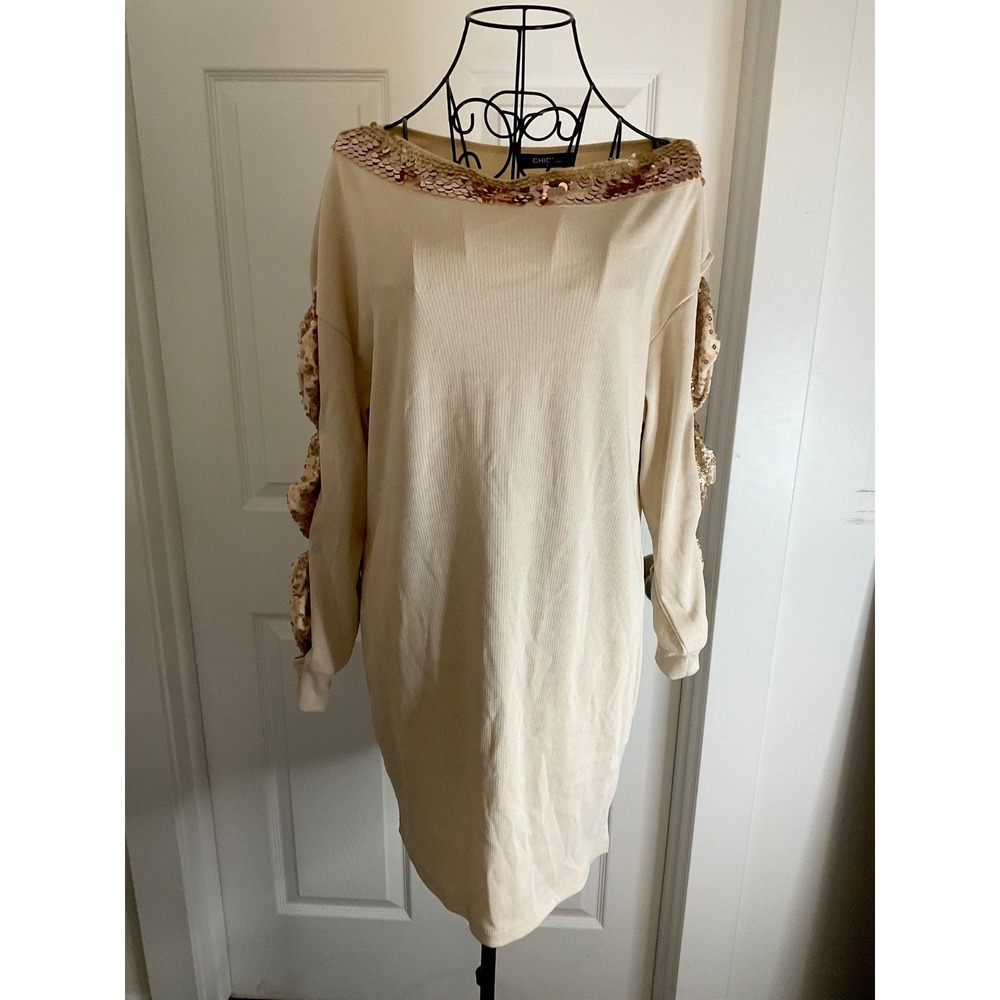 ChicMe Beige Long-sleeved Sequined Sweater Dress Sz S/M - Picture 8 of 11